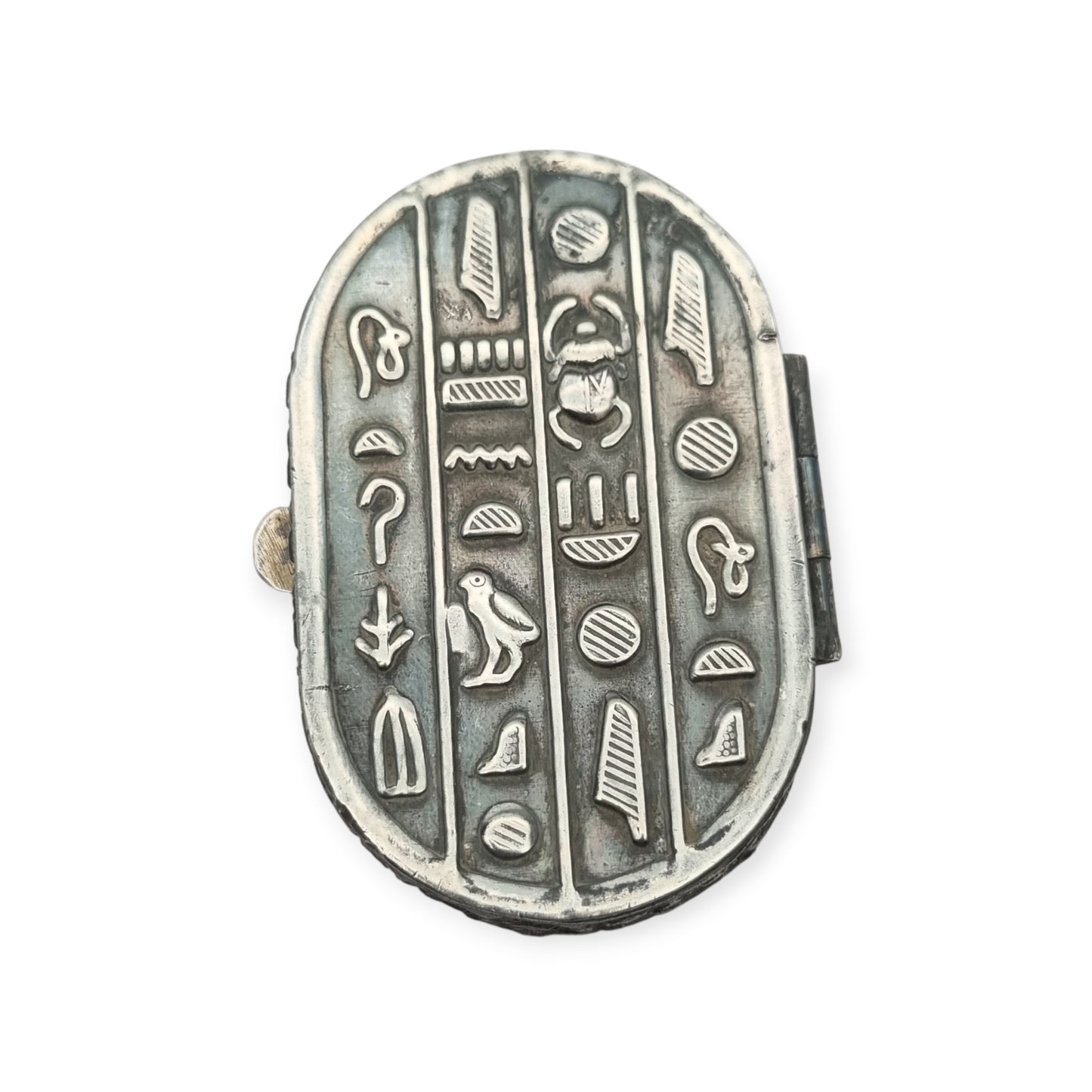 Egyptian silver box with scarab, Egyptian Revival decoration, and hieroglyphic motifs, 20th century, ca. 1945–1970