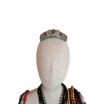 Austro-Hungarian Victorian tiara in gilded silver with turquoise, garnets, and moonstone, late Romantic, c. 1880–1900