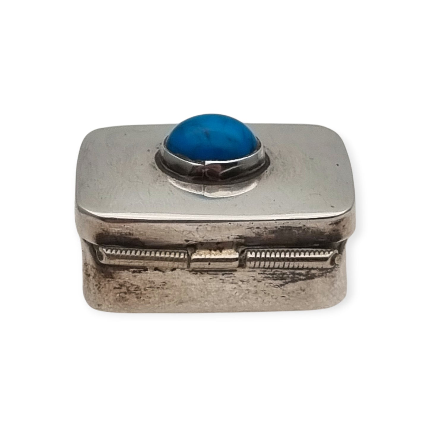 Caja IGUALA 925 MEXICO. vintage de plata 925  con cabujón azul pastillero de bolsillo, ca. 1980–1995