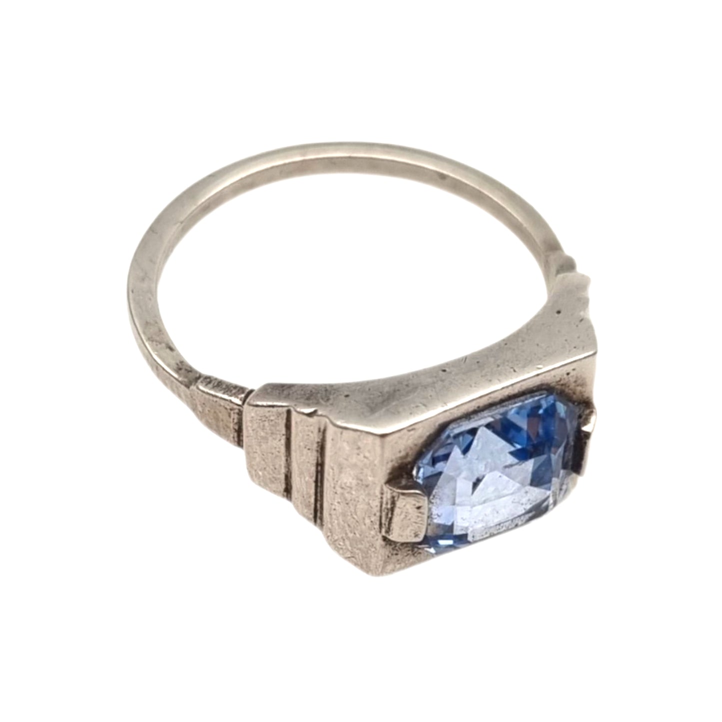 Art Deco sterling silver ring with faceted blue glass, geometric unisex hallmark, ca. 1930–1945