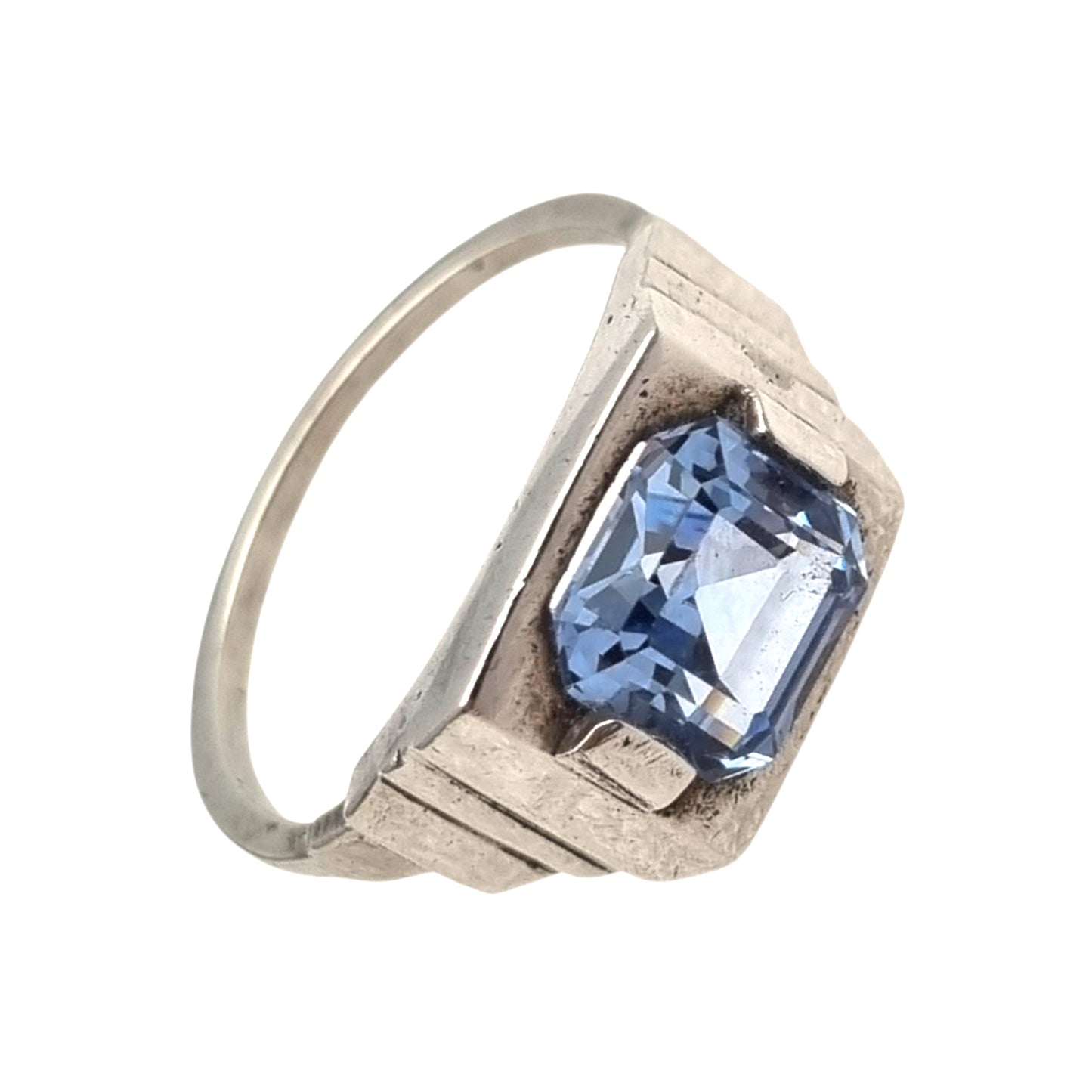 Art Deco sterling silver ring with faceted blue glass, geometric unisex hallmark, ca. 1930–1945