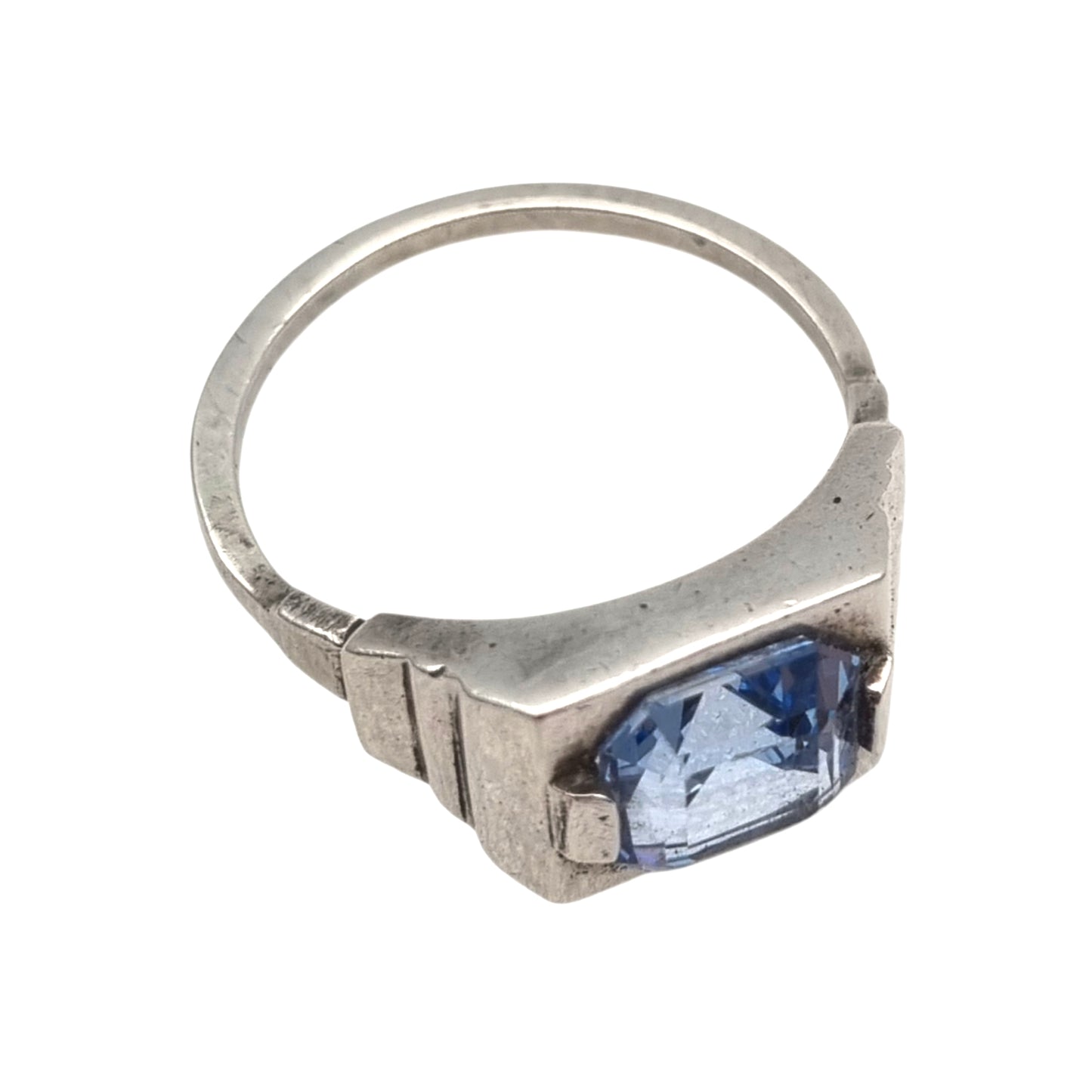 Art Deco sterling silver ring with faceted blue glass, geometric unisex hallmark, ca. 1930–1945