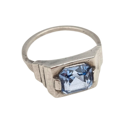 Art Deco sterling silver ring with faceted blue glass, geometric unisex hallmark, ca. 1930–1945