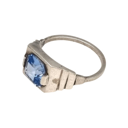 Art Deco sterling silver ring with faceted blue glass, geometric unisex hallmark, ca. 1930–1945
