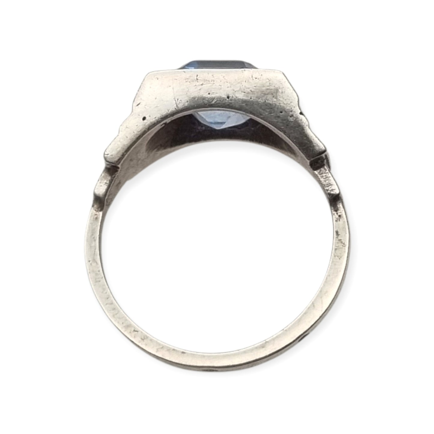 Art Deco sterling silver ring with faceted blue glass, geometric unisex hallmark, ca. 1930–1945
