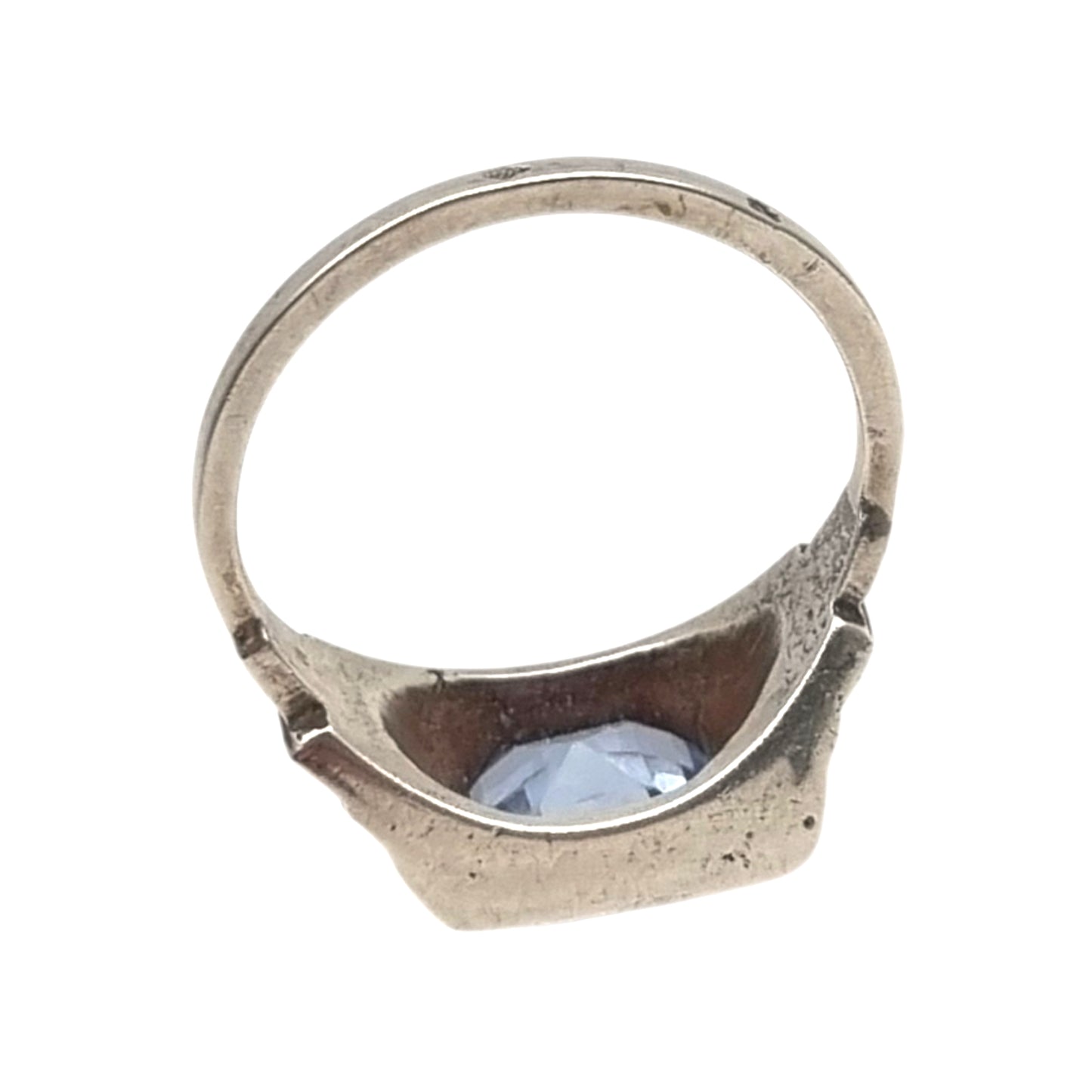 Art Deco sterling silver ring with faceted blue glass, geometric unisex hallmark, ca. 1930–1945