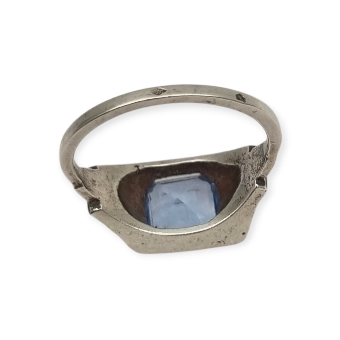 Art Deco sterling silver ring with faceted blue glass, geometric unisex hallmark, ca. 1930–1945