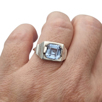 Art Deco sterling silver ring with faceted blue glass, geometric unisex hallmark, ca. 1930–1945