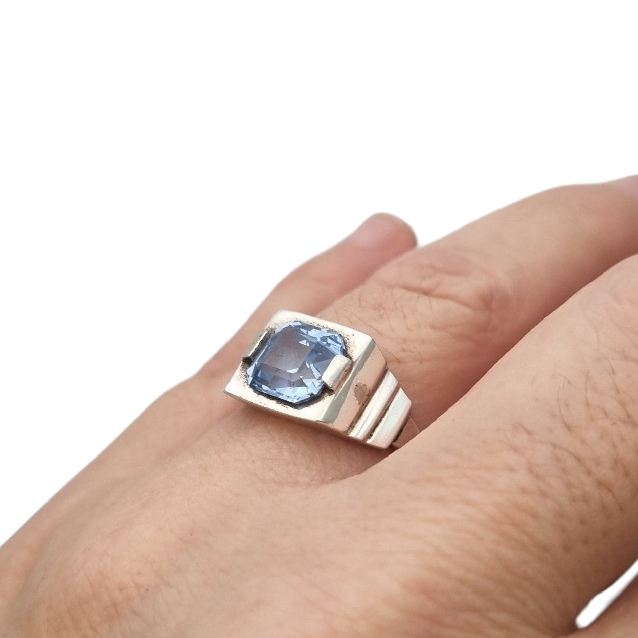 Art Deco sterling silver ring with faceted blue glass, geometric unisex hallmark, ca. 1930–1945