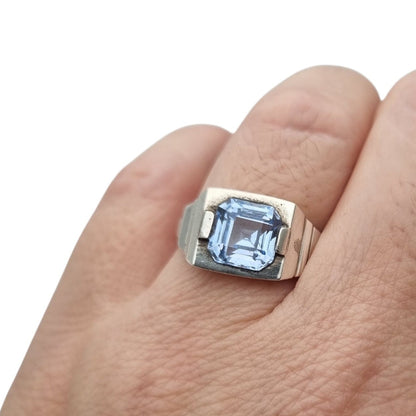 Art Deco sterling silver ring with faceted blue glass, geometric unisex hallmark, ca. 1930–1945
