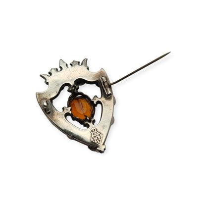 Victorian Scottish Luckenbooth brooch in silver with polychrome and Cairngorm quartzes, registered design 1866