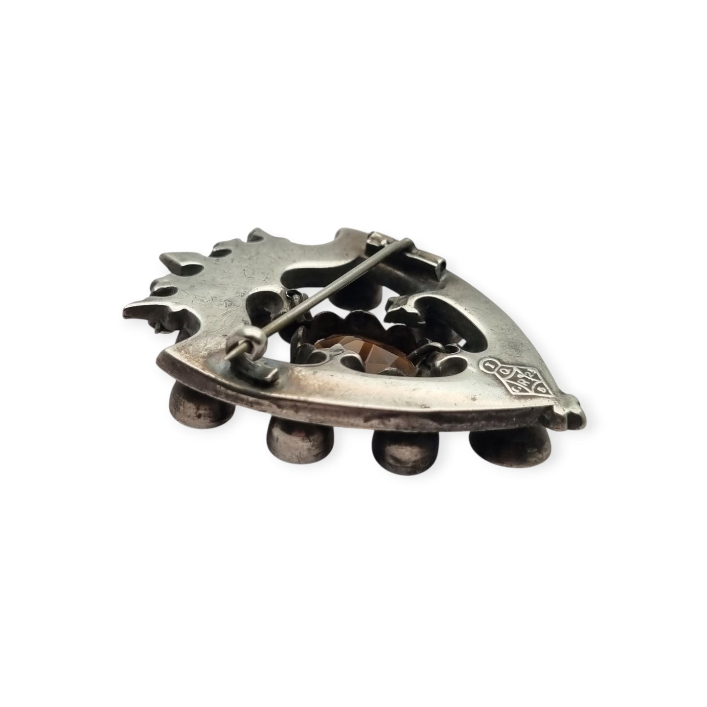 Victorian Scottish Luckenbooth brooch in silver with polychrome and Cairngorm quartzes, registered design 1866