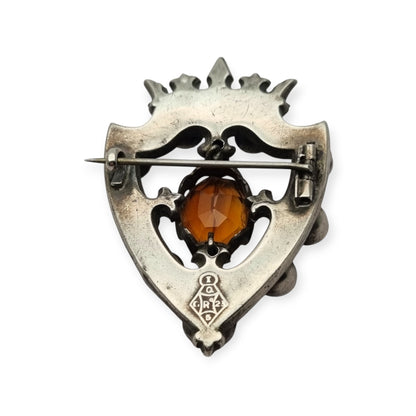 Victorian Scottish Luckenbooth brooch in silver with polychrome and Cairngorm quartzes, registered design 1866