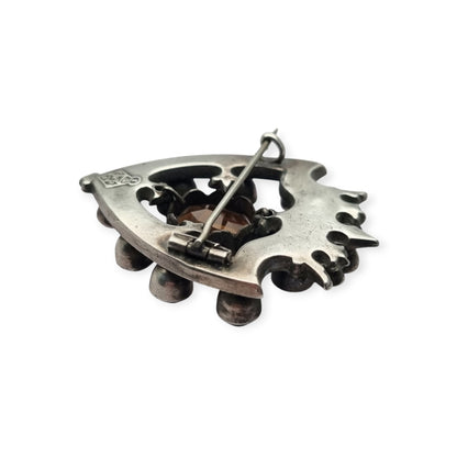 Victorian Scottish Luckenbooth brooch in silver with polychrome and Cairngorm quartzes, registered design 1866