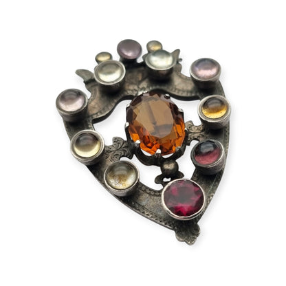 Victorian Scottish Luckenbooth brooch in silver with polychrome and Cairngorm quartzes, registered design 1866