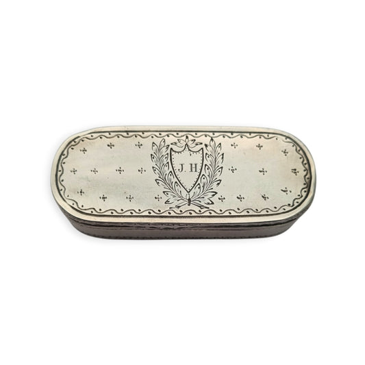 Antique tested silver tobacco box, engraved, monogram J.H., neoclassical style, second half 19th century