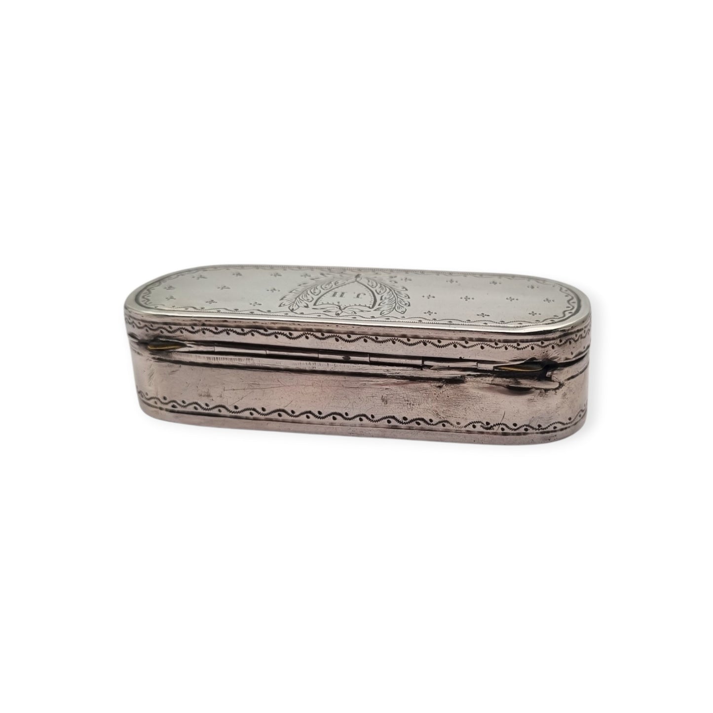 Caja tabaquera antigua de plata testada grabada, monograma J.H., estilo neoclásico, segunda mitad siglo XIX