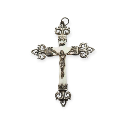 Cruz Art Nouveau francesa de plata y nácar, crucifijo religioso antiguo, ca. 1920–1930