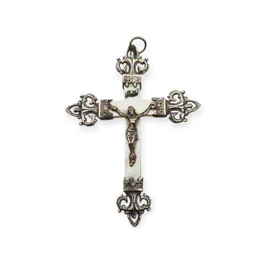 Cruz Art Nouveau francesa de plata y nácar, crucifijo religioso antiguo, ca. 1920–1930