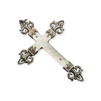 Cruz Art Nouveau francesa de plata y nácar, crucifijo religioso antiguo, ca. 1920–1930