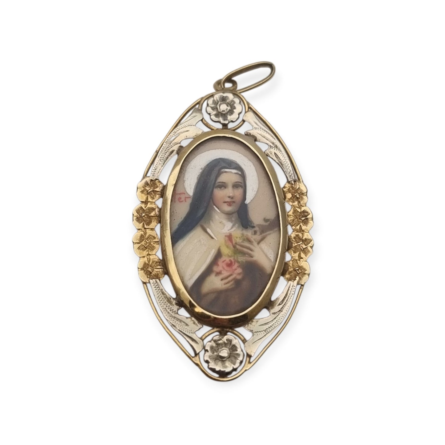 Saint Thérèse of Lisieux Medallion in 18K Two-Tone Gold, Art Deco Floral Religious Pendant, c. 1925–1940