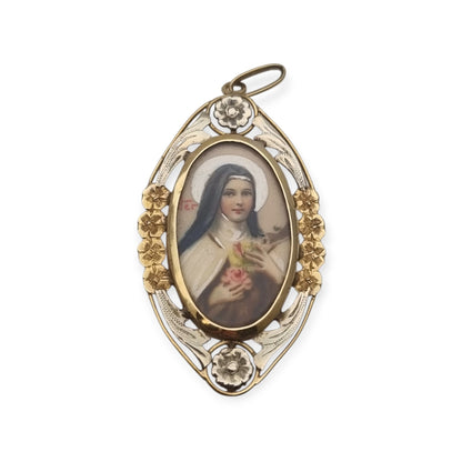 Saint Thérèse of Lisieux Medallion in 18K Two-Tone Gold, Art Deco Floral Religious Pendant, c. 1925–1940
