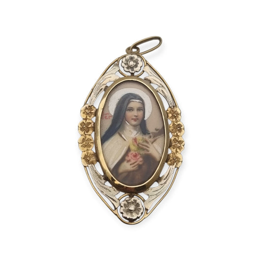 Saint Thérèse of Lisieux Medallion in 18K Two-Tone Gold, Art Deco Floral Religious Pendant, c. 1925–1940
