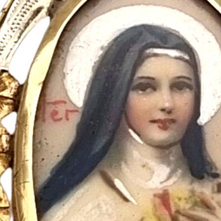 Saint Thérèse of Lisieux Medallion in 18K Two-Tone Gold, Art Deco Floral Religious Pendant, c. 1925–1940