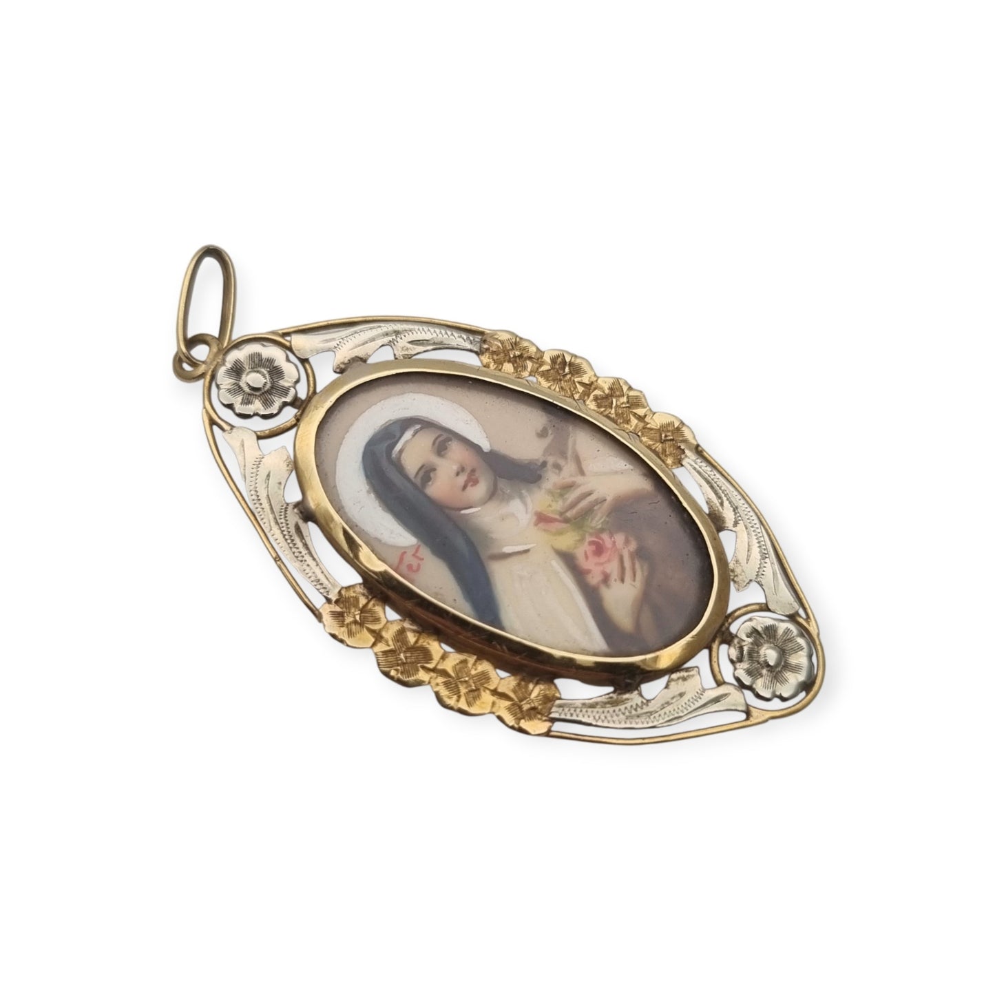 Saint Thérèse of Lisieux Medallion in 18K Two-Tone Gold, Art Deco Floral Religious Pendant, c. 1925–1940