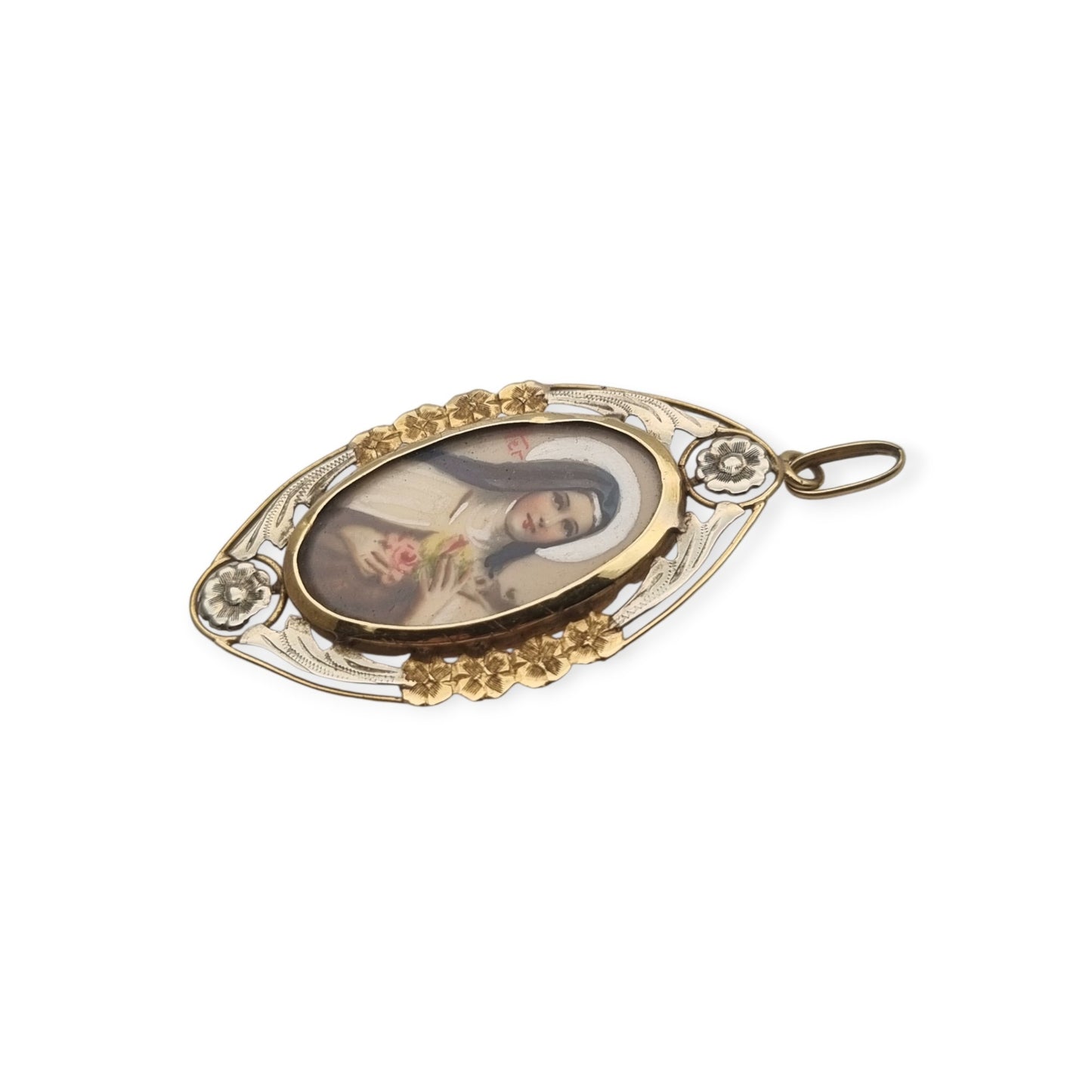 Saint Thérèse of Lisieux Medallion in 18K Two-Tone Gold, Art Deco Floral Religious Pendant, c. 1925–1940