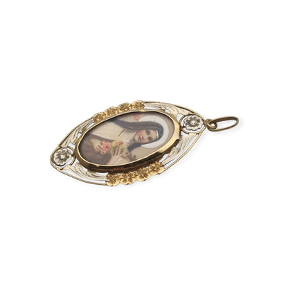Saint Thérèse of Lisieux Medallion in 18K Two-Tone Gold, Art Deco Floral Religious Pendant, c. 1925–1940
