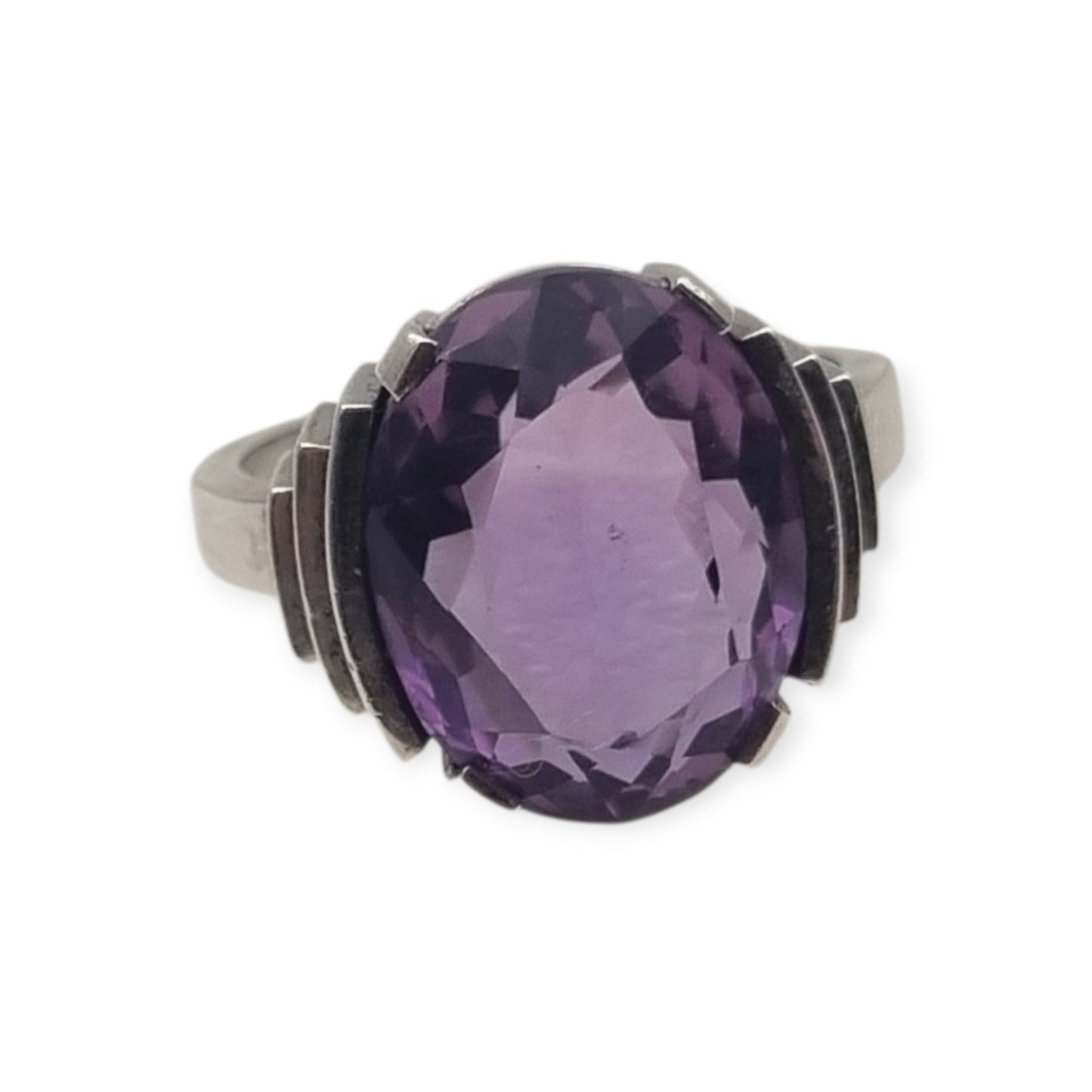 Anillo cocktail Art Déco francés de plata con cristal violeta facetado, influencia Tank, ca. 1930–1940