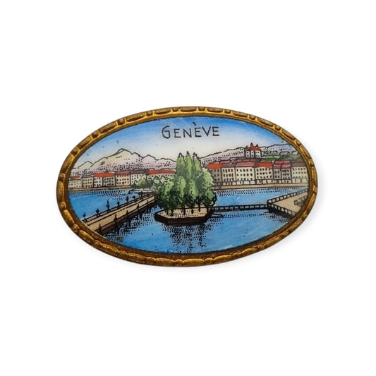 Broche esmalte souvenir de Ginebra vintage, vista Genève en metal dorado, recuerdo turístico circa 1940–1955