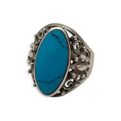 Vintage boho 925 silver ring with blue cabochon and ornamental filigree, circa 1980–1990