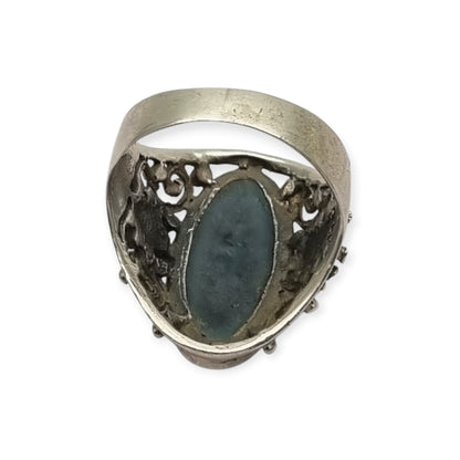 Vintage boho 925 silver ring with blue cabochon and ornamental filigree, circa 1980–1990