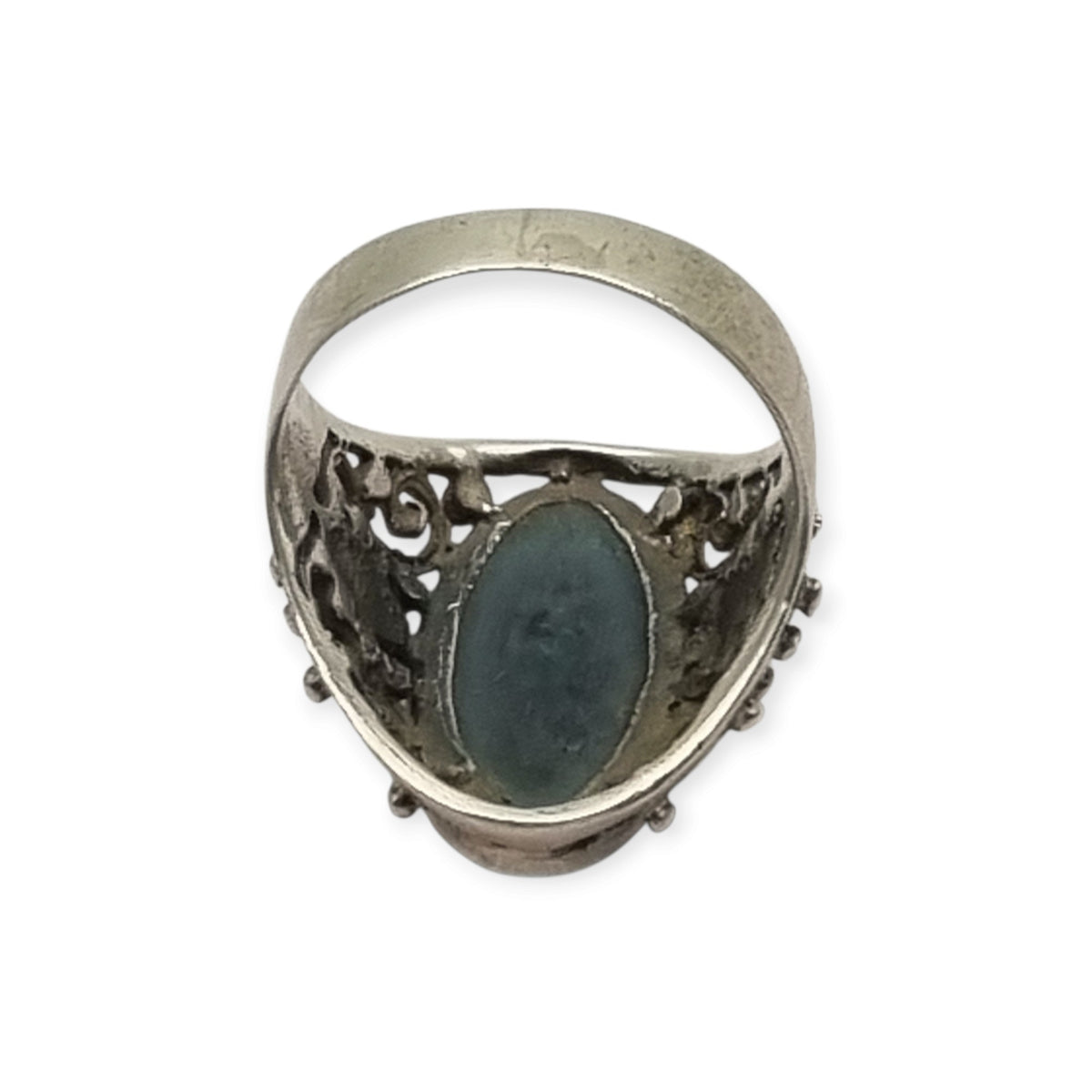 Vintage boho 925 silver ring with blue cabochon and ornamental filigree, circa 1980–1990