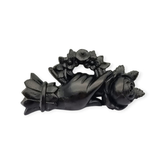 Victorian hand brooch with rose and floral wreath, likely vulcanite, sentimental jewelry circa 1870–1890