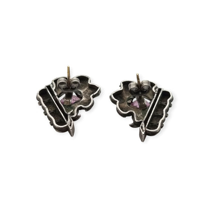 Art Deco silver earrings with gold accents and faceted pink stones, circa 1930–1940