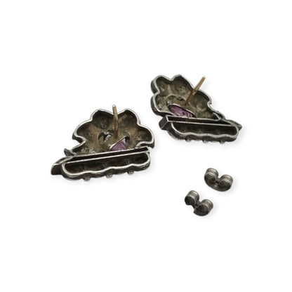 Art Deco silver earrings with gold accents and faceted pink stones, circa 1930–1940