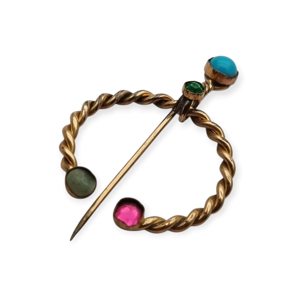Historicism penannular fibula brooch in gilded metal, handcrafted, ca. 1940–1960