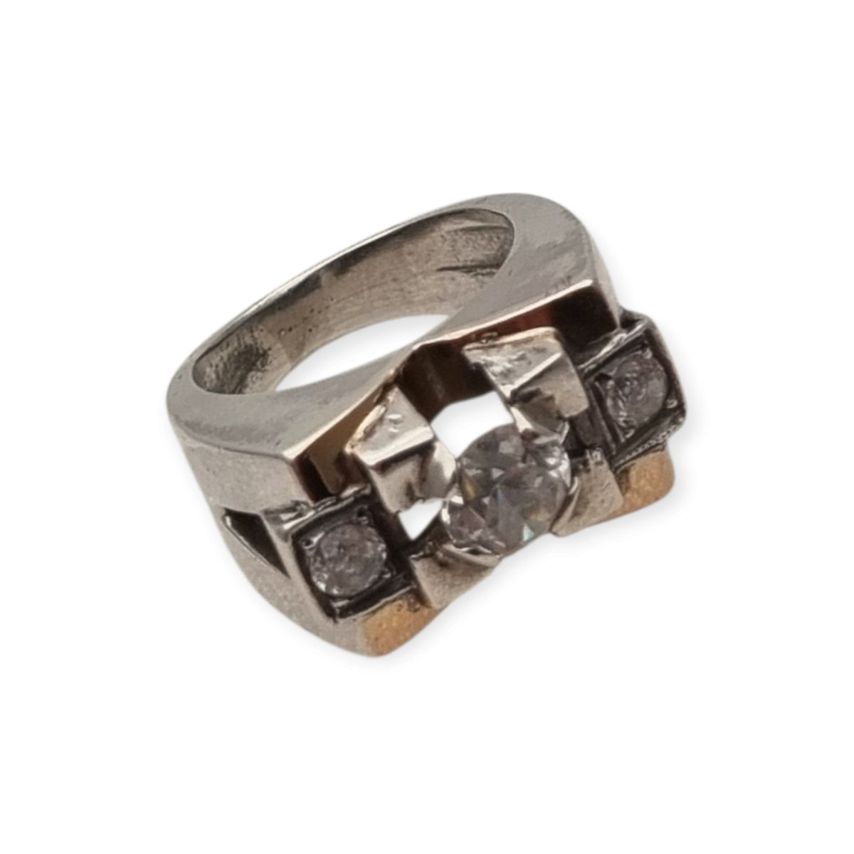 Art Deco ring in silver with gold accents and colorless stones, circa 1940–1950