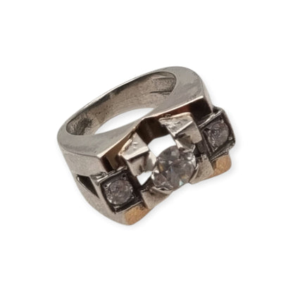 Art Deco ring in silver with gold accents and colorless stones, circa 1940–1950
