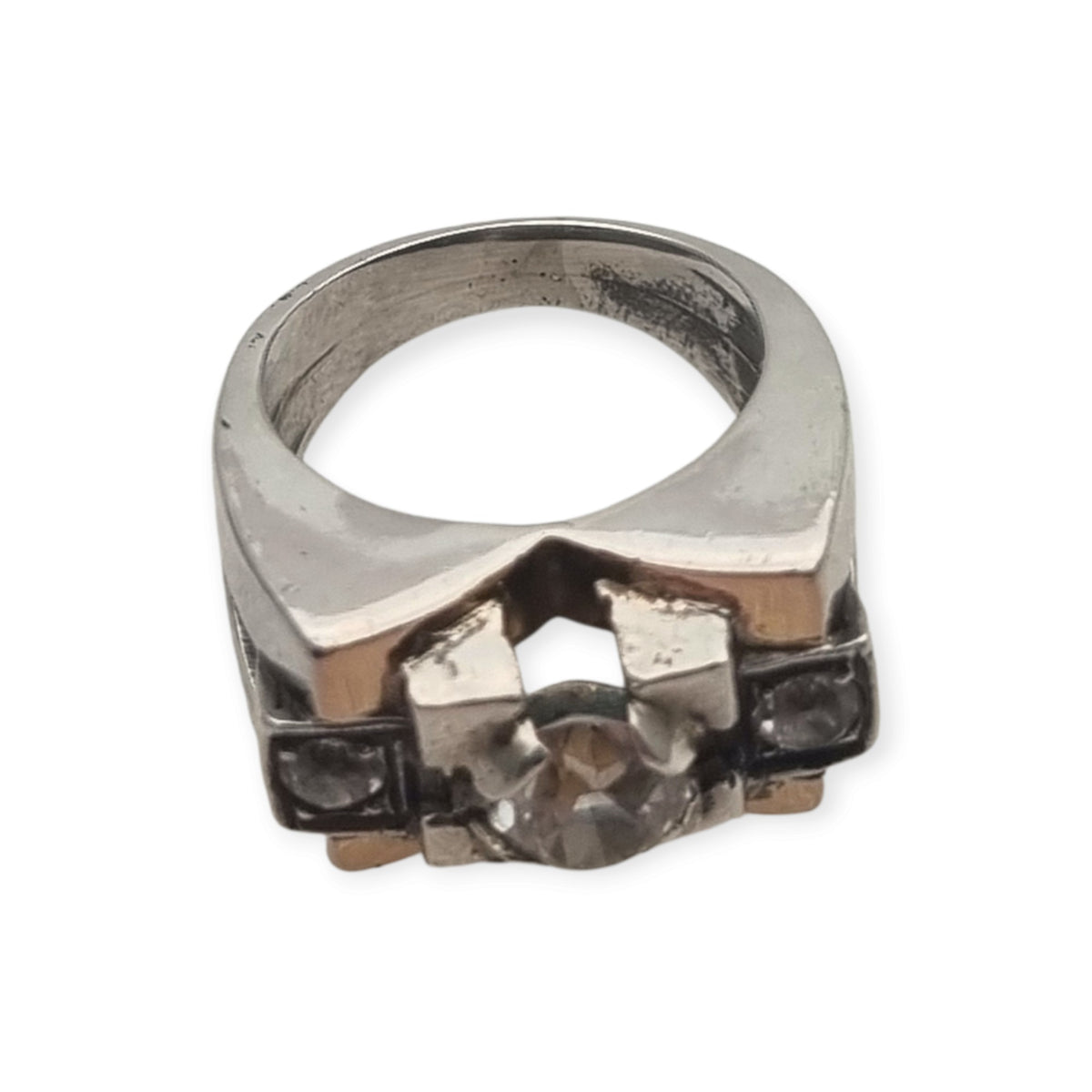 Art Deco ring in silver with gold accents and colorless stones, circa 1940–1950