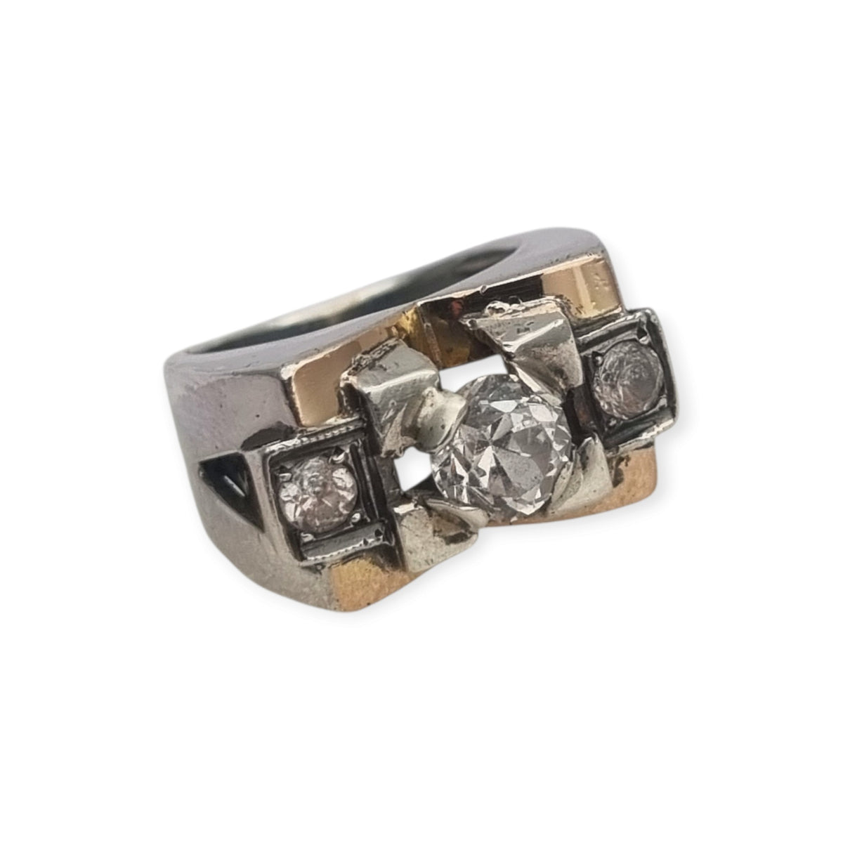 Art Deco ring in silver with gold accents and colorless stones, circa 1940–1950