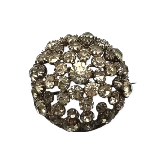 Broche botón circular vintage Art Déco de metal dorado y strass, circa 1930-40