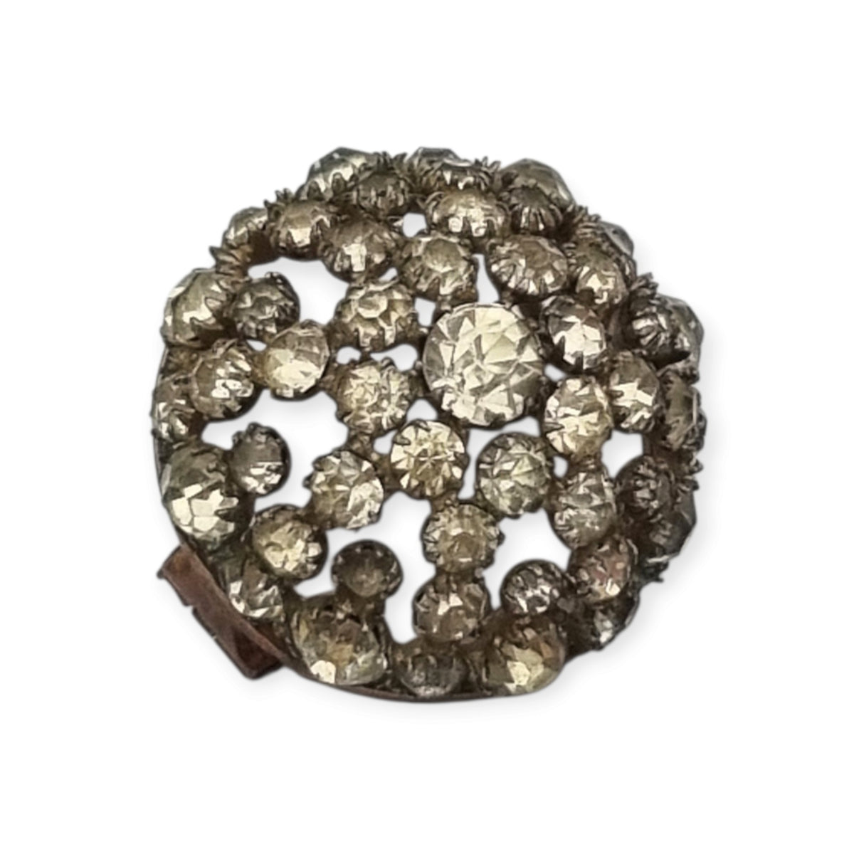 Vintage Art Deco circular button brooch in gold-tone metal and rhinestones, circa 1930-40