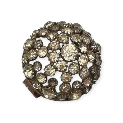 Vintage Art Deco circular button brooch in gold-tone metal and rhinestones, circa 1930-40