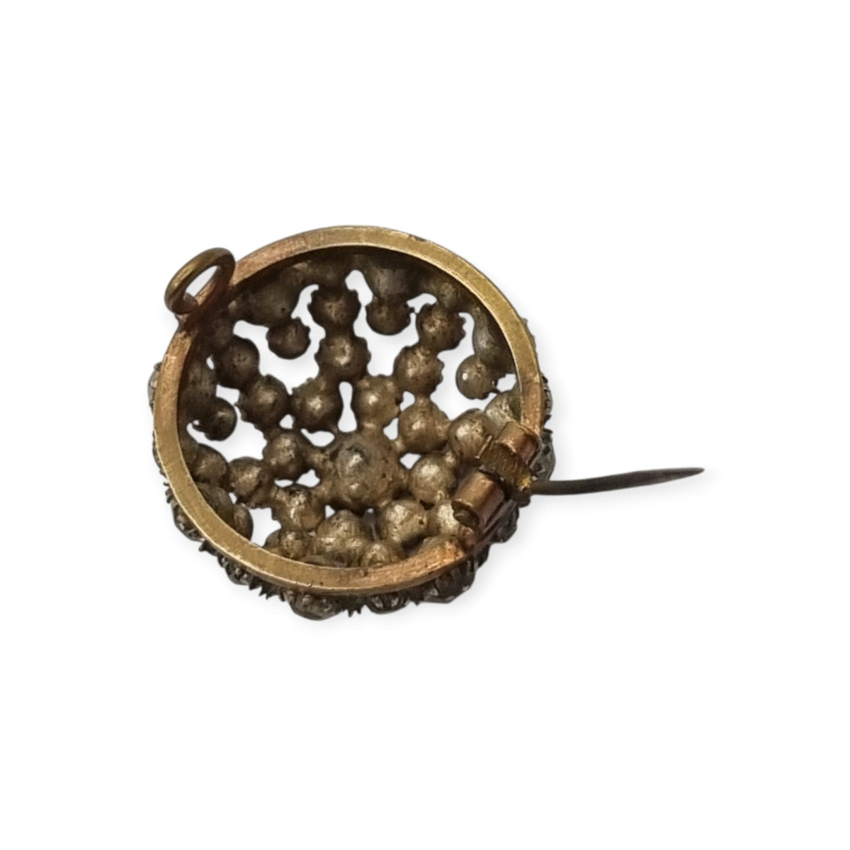 Vintage Art Deco circular button brooch in gold-tone metal and rhinestones, circa 1930-40