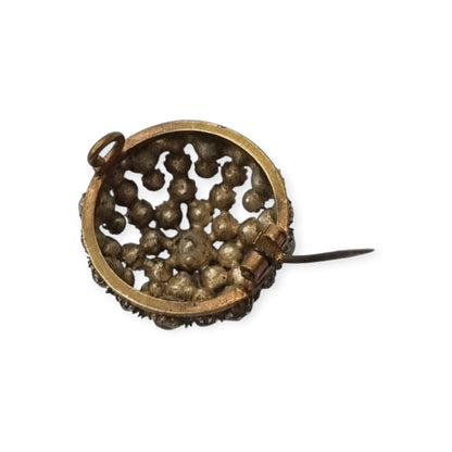 Vintage Art Deco circular button brooch in gold-tone metal and rhinestones, circa 1930-40