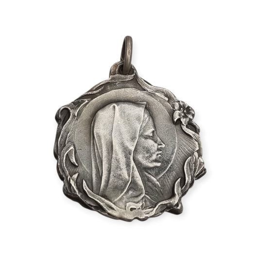 Medalla modernista antigua de plata de Virgen, joyas religiosas Art Nouveau, España, ca. 1920